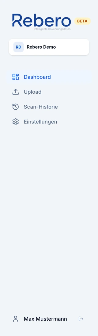Das Menü von Rebero am linken Rand